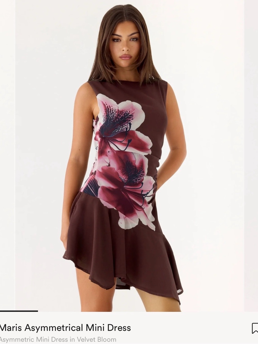 Pepper mayo Sleeveless Asymmetrical Mini Dress with Floral Print - Brown